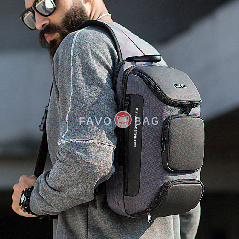 Grey Backpack With Usb Charging Port Waterproof Travel Hiking Outdoor Chest Daypack