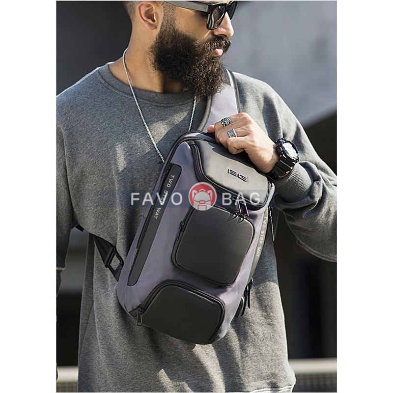 Grey Backpack With Usb Charging Port Waterproof Travel Hiking Outdoor Chest Daypack