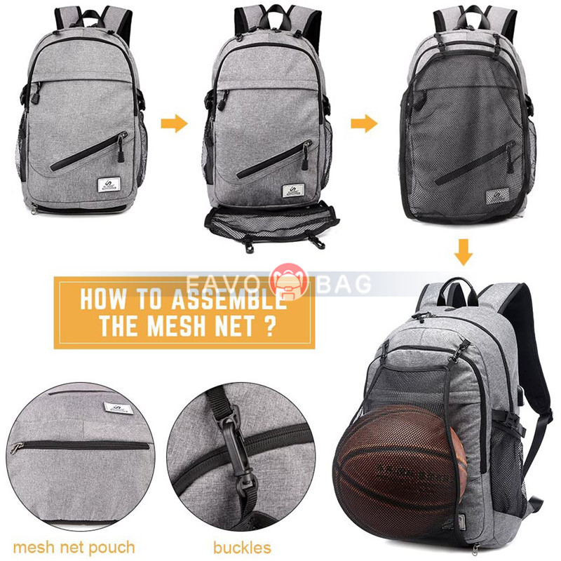Grey Basketball Laptop Backpack Boy Usb Travel School Bag