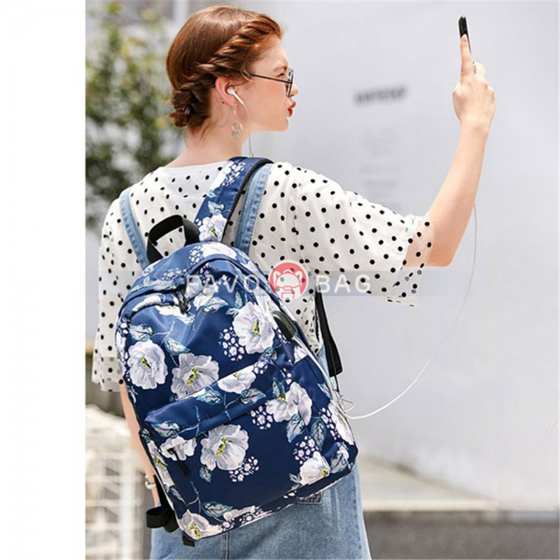 Floral Backpack with USB Charging Port Nylon Durable Outdoor Travel Bag for Girls