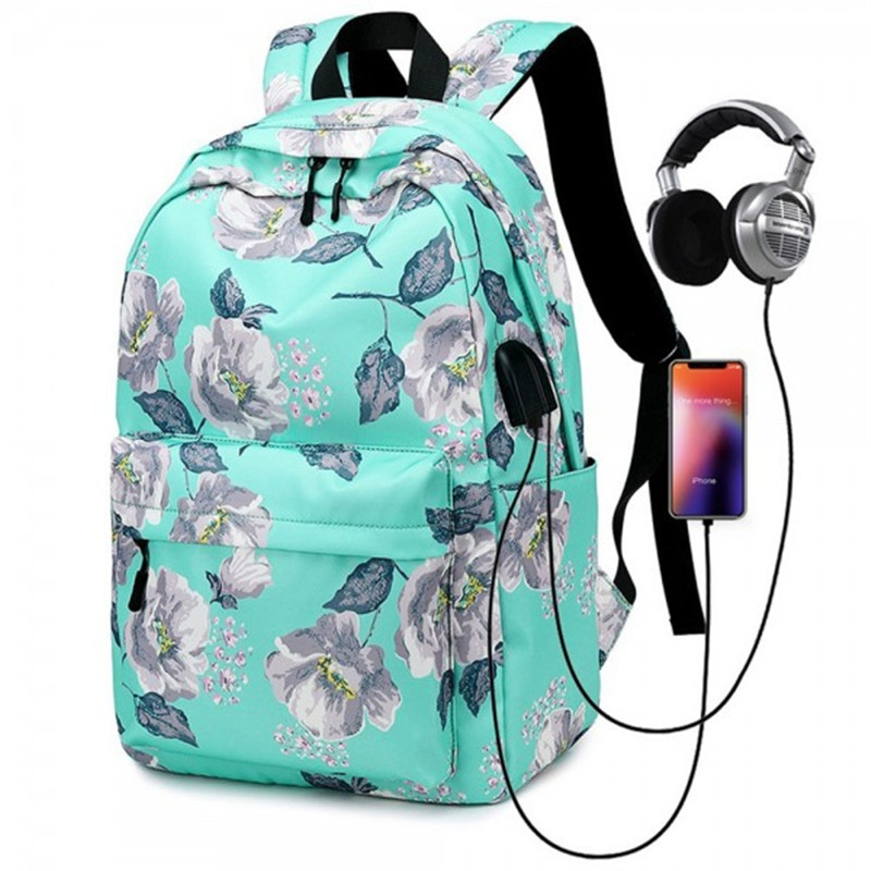 Floral Backpack with USB Charging Port Nylon Durable Outdoor Travel Bag for Girls