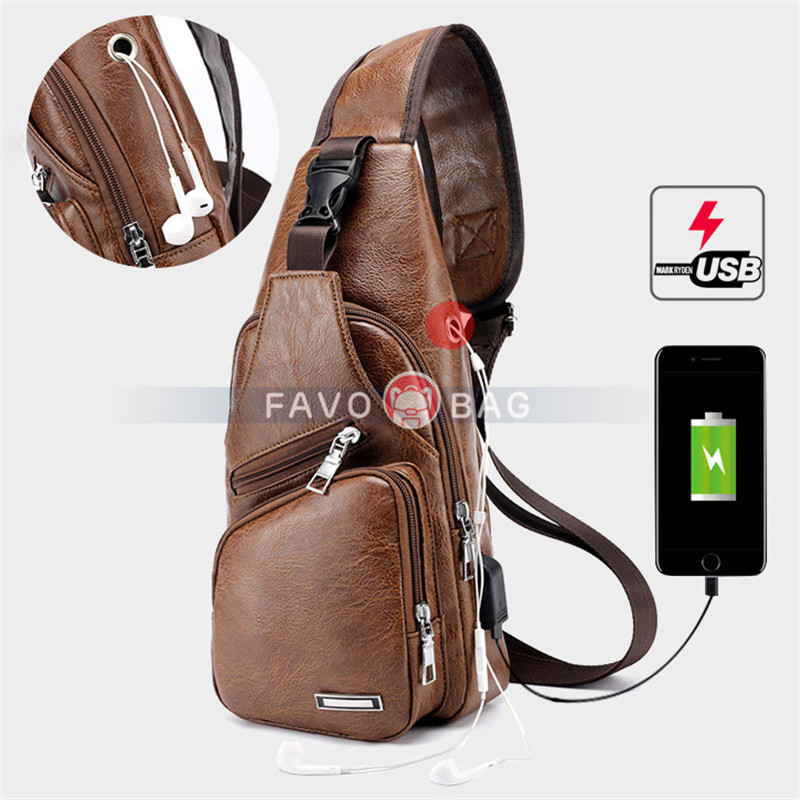 Light Brown Men'S Leather Sling Bag Chest Shoulder Backpack Crossbody Bag