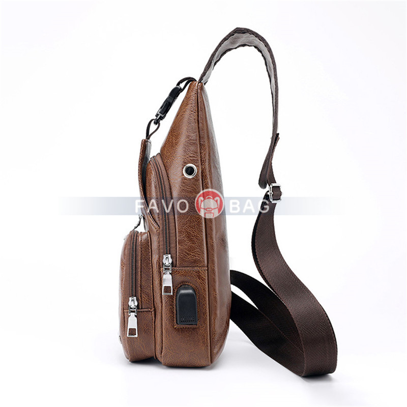 Light Brown Men'S Leather Sling Bag Chest Shoulder Backpack Crossbody Bag