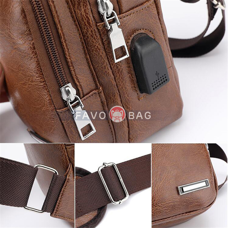 Light Brown Men'S Leather Sling Bag Chest Shoulder Backpack Crossbody Bag