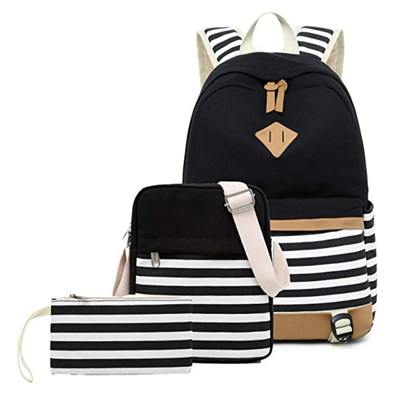 Lightweight Black Canvas Stripe Backpacks for Girls School Bookbags