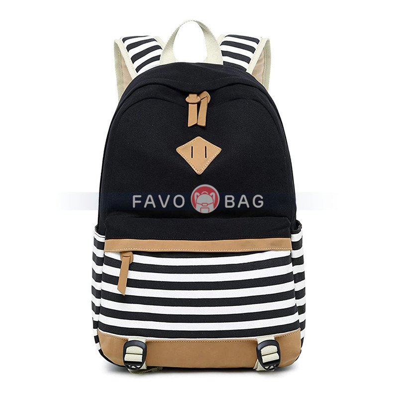 Lightweight Black Canvas Stripe Backpacks for Girls School Bookbags