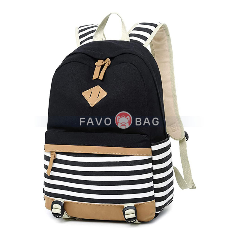 Lightweight Black Canvas Stripe Backpacks for Girls School Bookbags