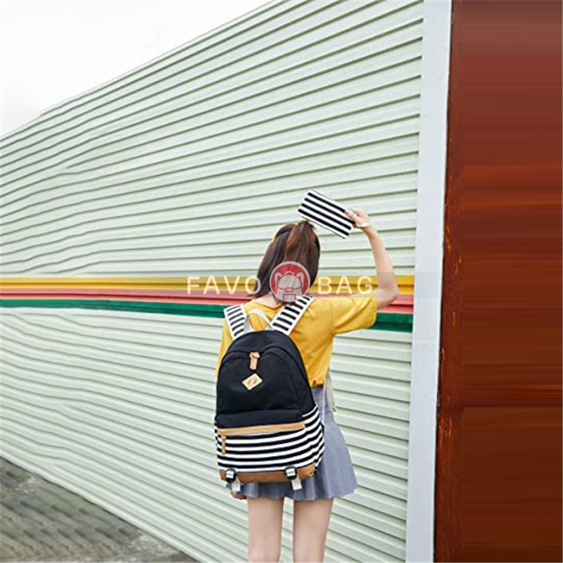 Lightweight Black Canvas Stripe Backpacks for Girls School Bookbags