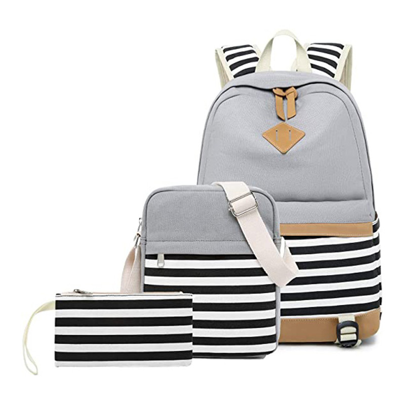 Lightweight Black Canvas Stripe Backpacks for Girls School Bookbags