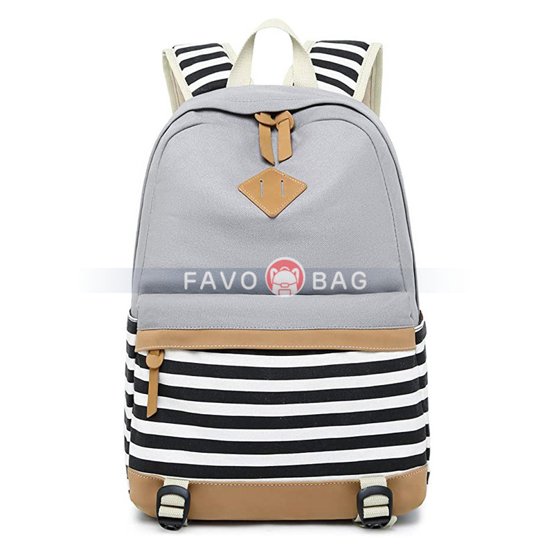 Lightweight Black Canvas Stripe Backpacks for Girls School Bookbags