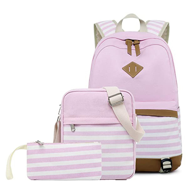 Lightweight Black Canvas Stripe Backpacks for Girls School Bookbags