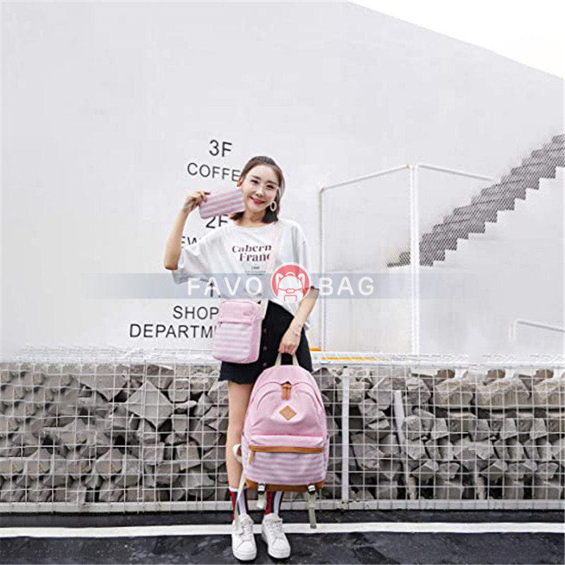 Lightweight Black Canvas Stripe Backpacks for Girls School Bookbags