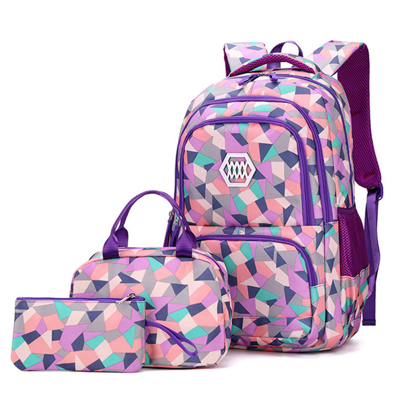 Girl Geometric Printed Primary Junior High University School Bag Bookbag 3pcs Backpack Sets