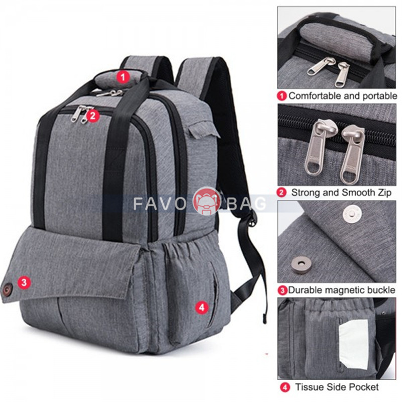 Grey Big Diaper Bag Durable Oxford Nappy Backpack Handbag with Changing Pad