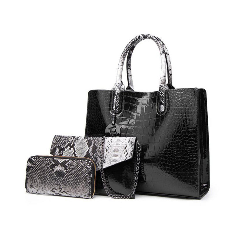 Genuine Leather Handbags for Women Snake Skin Pattern Top-handle Bag Tote Bag Wallet